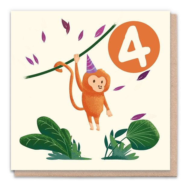4 Year Monkey - Eco-Friendly Birthday Card